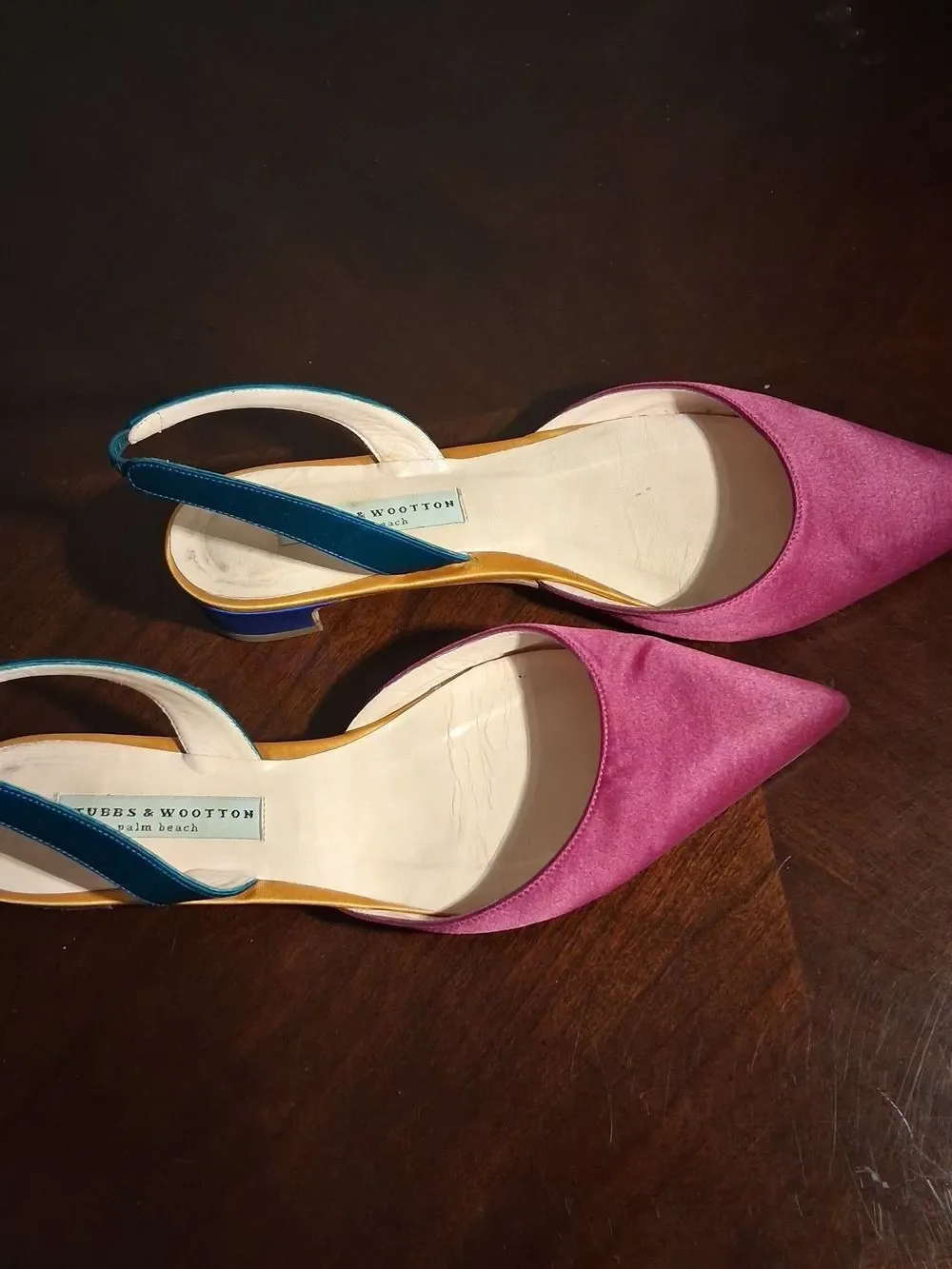 Stubbs & Wootton Magenta Pointed Slingbacks with Teal Straps